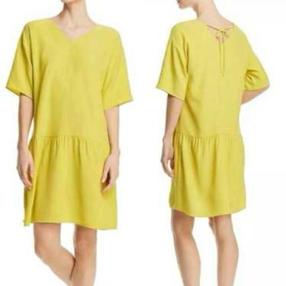 Eileen Fisher Drop Waist Shift Dress Back Tie Lagenlook in Yarrow Citron Size XS - Picture 16 of 16